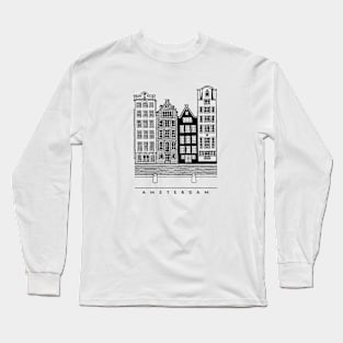 Four old houses. Amsterdam, Netherlands. Realistic black and white poster. Long Sleeve T-Shirt